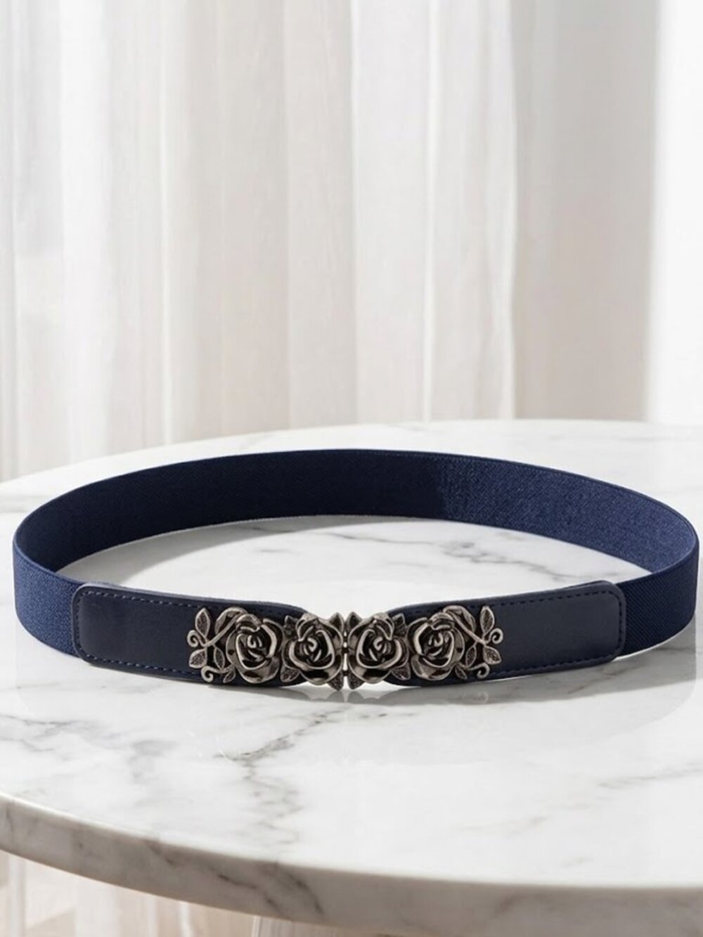 Navy Blue Retro Flower Stretch Belt - 26.5 Inch